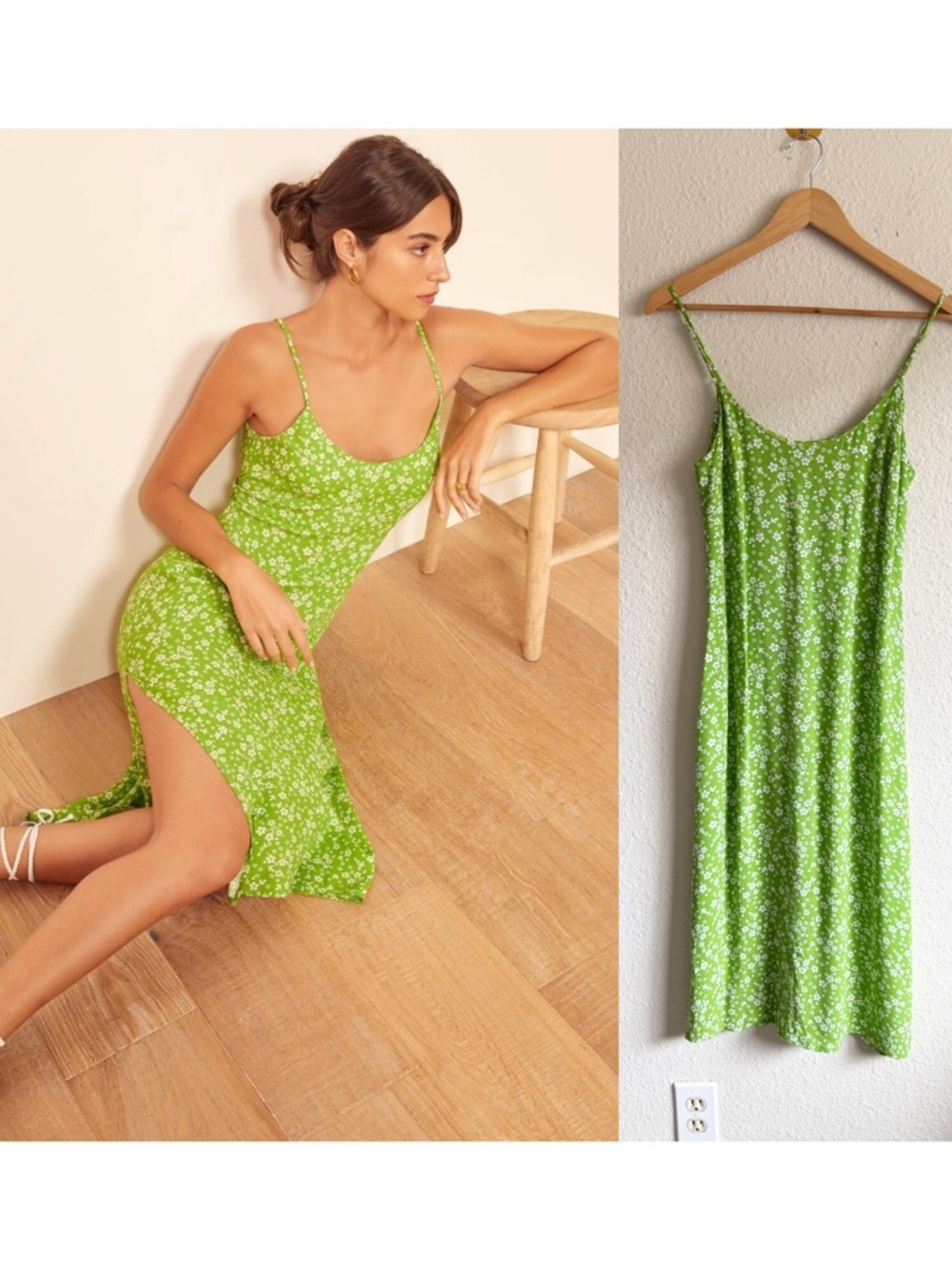 Reformation Green Floral Midi Slip Dress